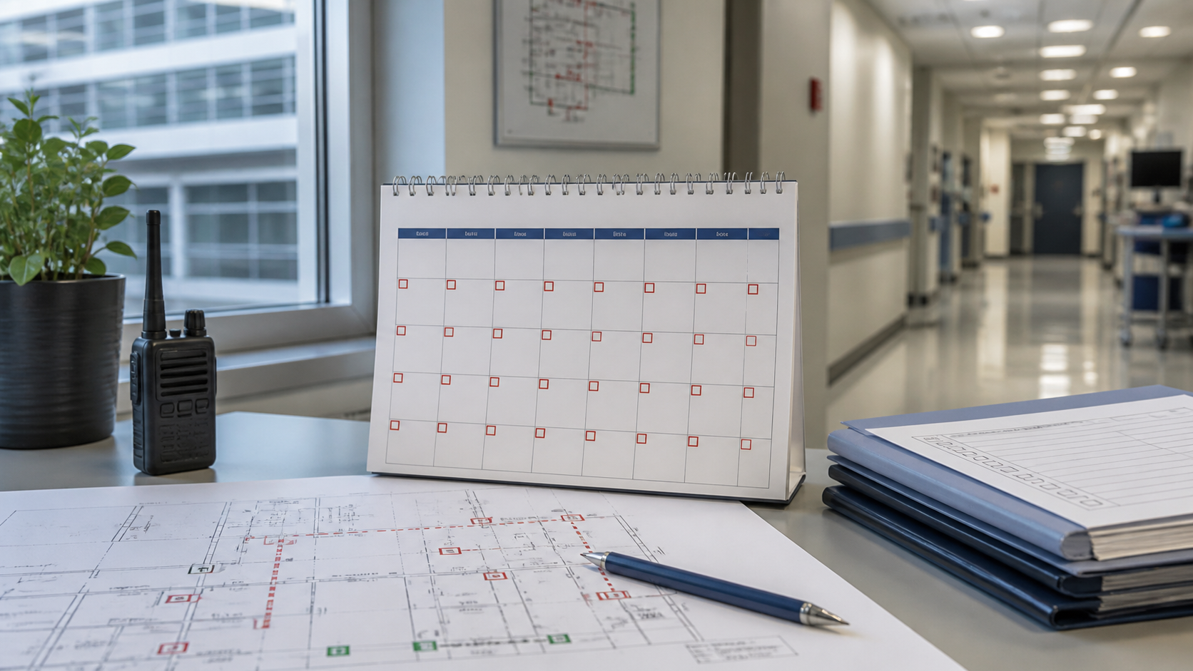 Thirty-day readiness calendar beside controlled inspection records and a healthcare life safety plan