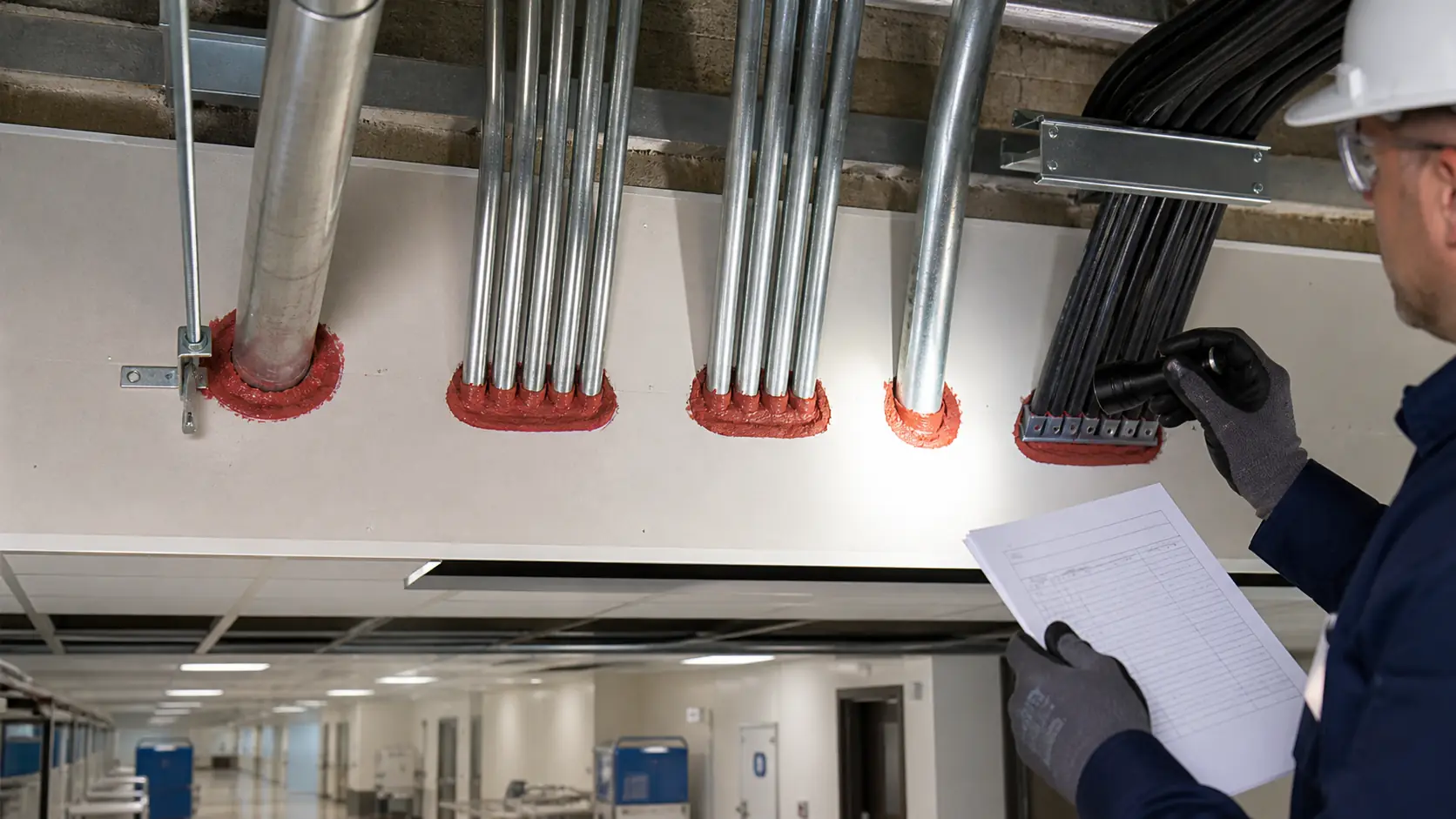 Inspector auditing sealed cable and pipe penetrations through a healthcare barrier