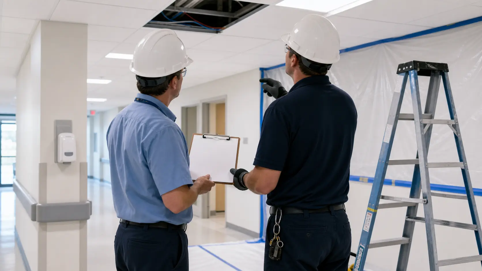 Healthcare facilities staff and a vendor reviewing a controlled above-ceiling work area