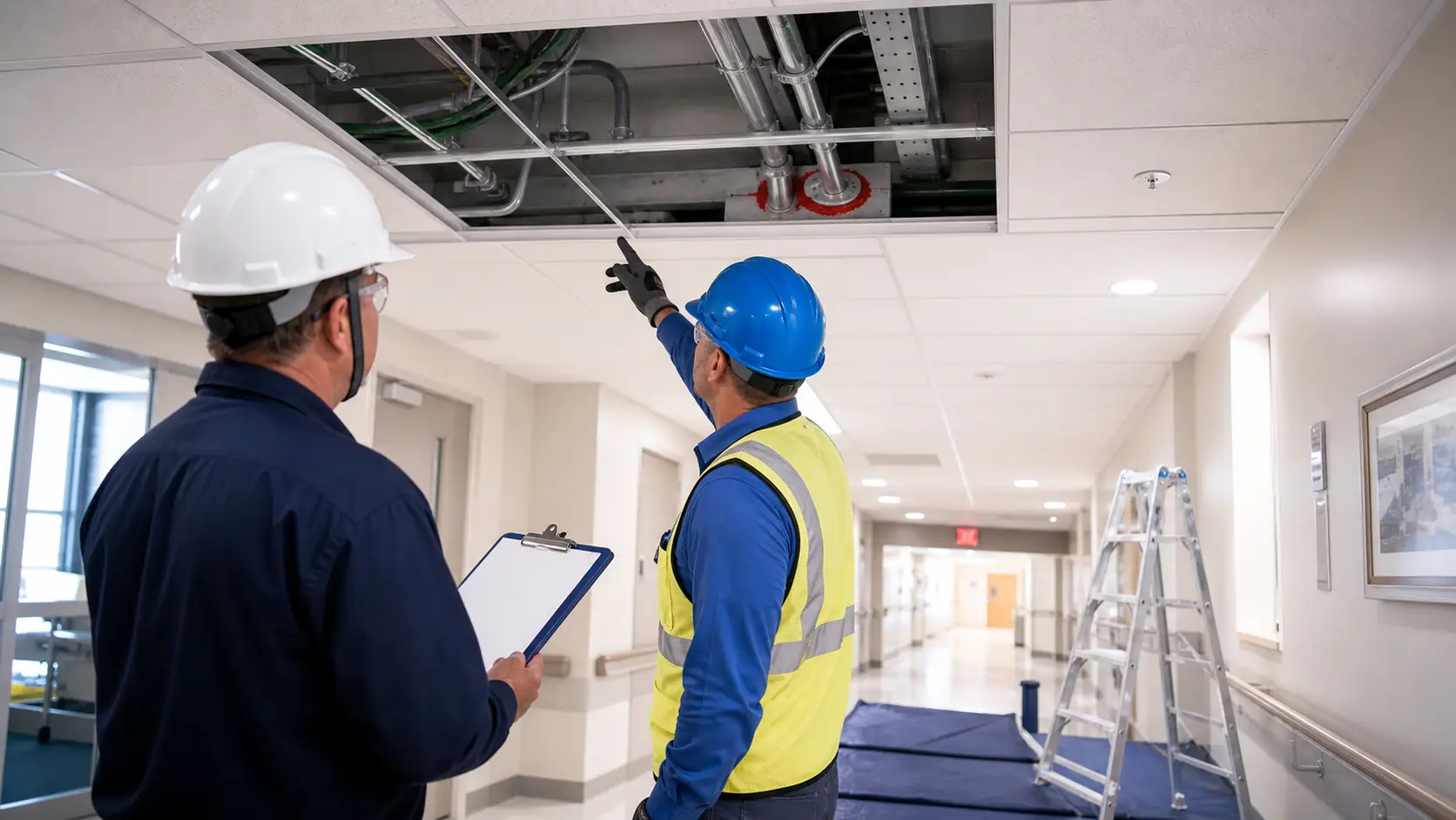 Facility supervisor and contractor verifying completed above-ceiling penetration work