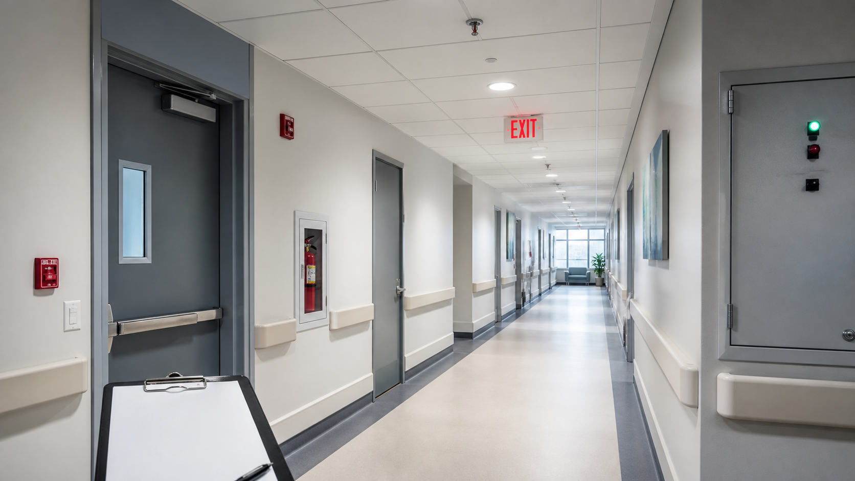 Survey-ready hospital corridor showing coordinated egress, door, fire alarm, and sprinkler features