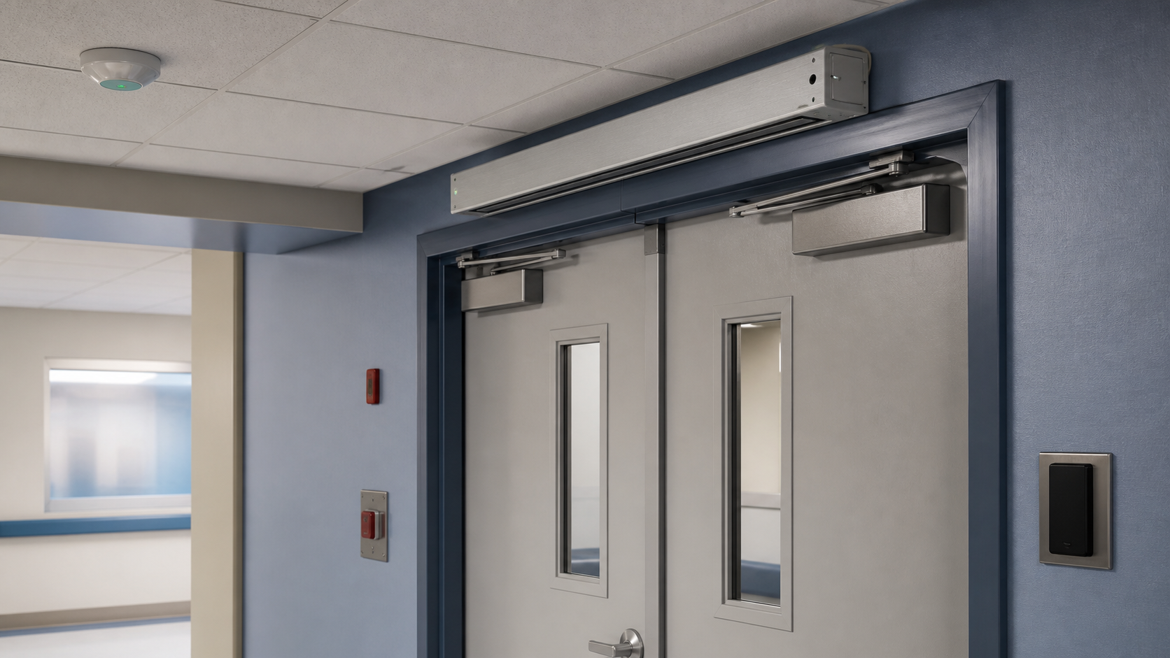 Coordinated hospital door locking assembly with overhead lock, sensor, closer, and release interface