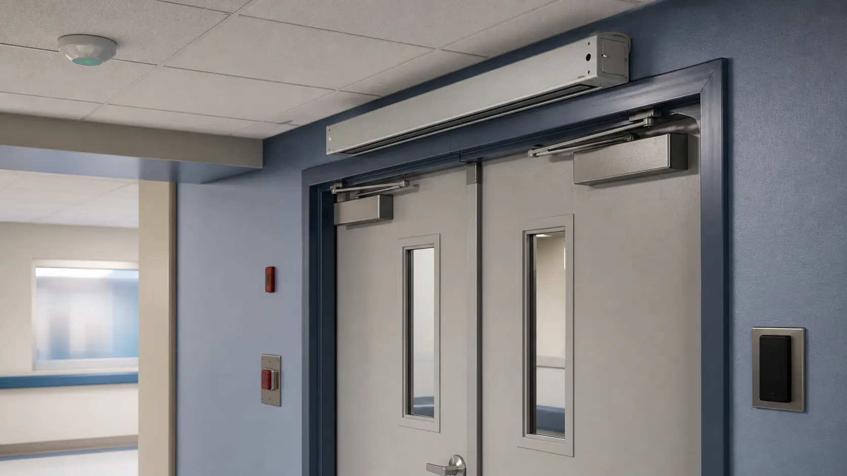 Coordinated hospital door locking assembly with overhead lock, sensor, closer, and release interface
