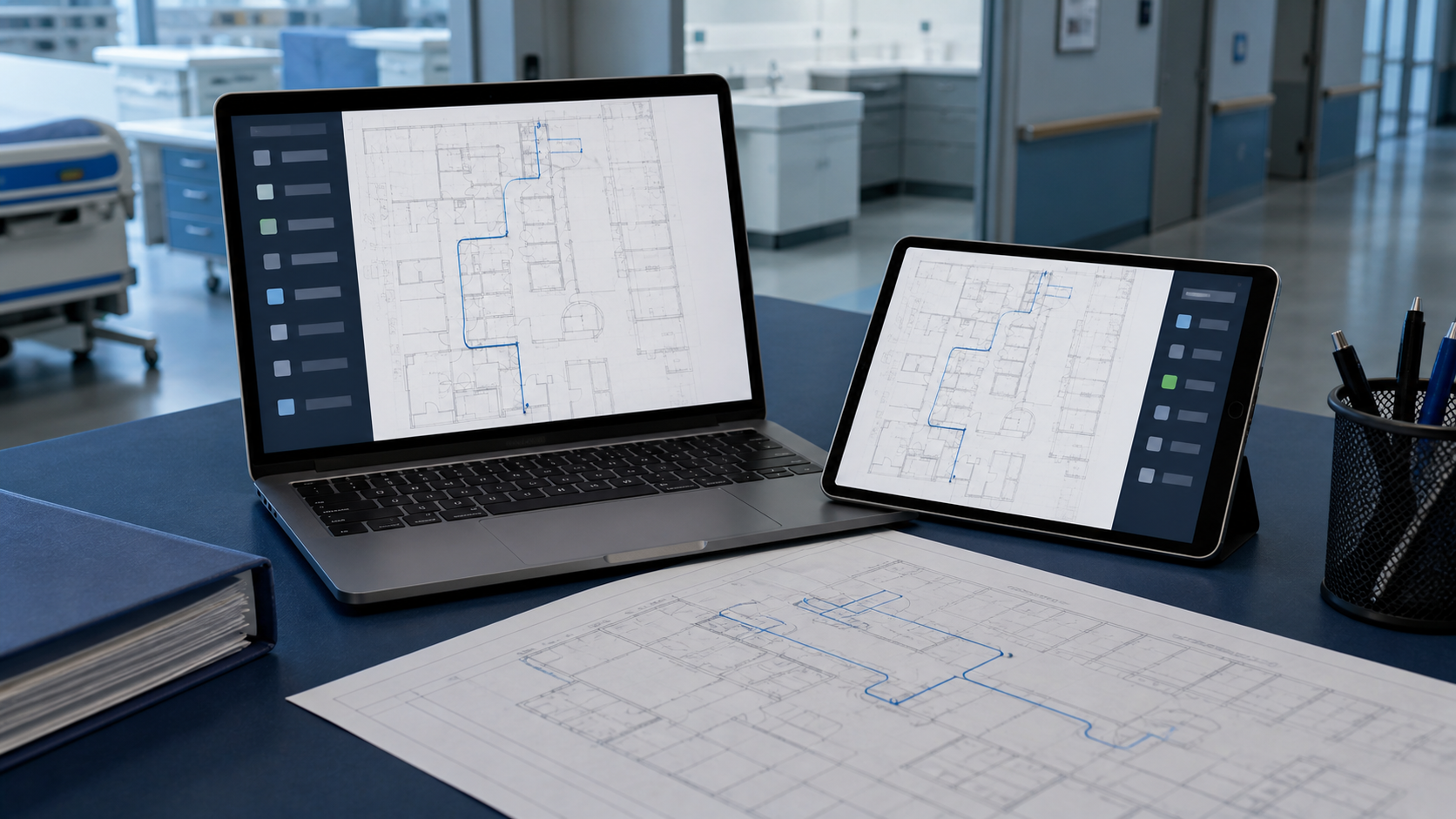 Controlled healthcare floor plan synchronized across laptop tablet and printed drawing