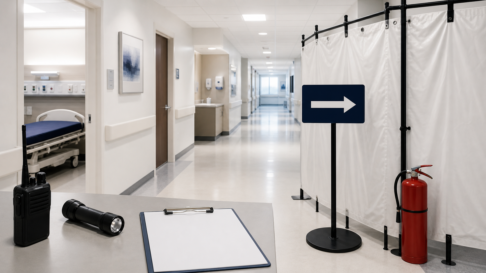 Radio, flashlight, patrol log, extinguisher, and temporary controls supporting an occupied hospital corridor