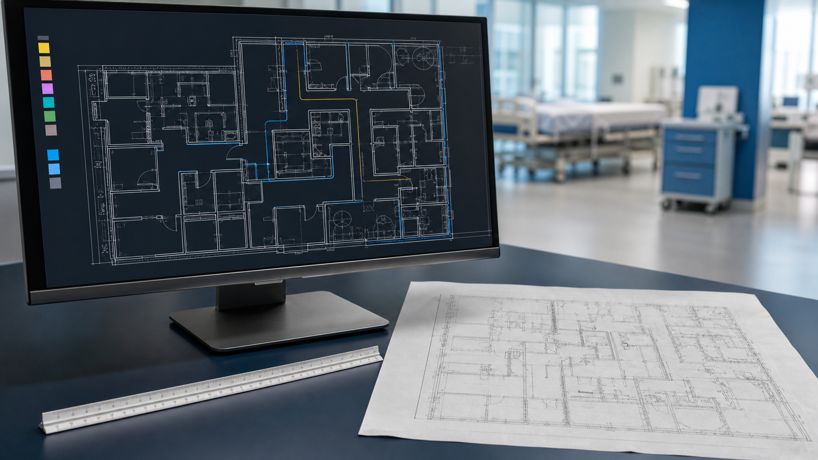 Structured CAD healthcare plan compared with a flattened scanned floor plan