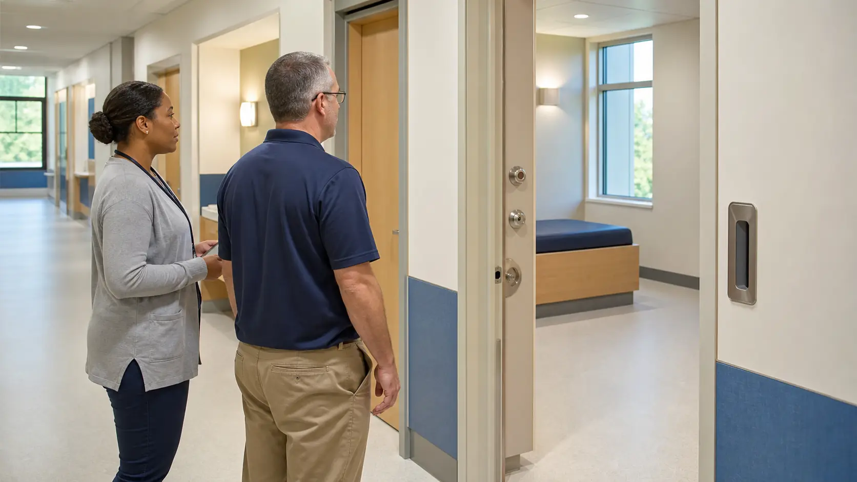 Clinical and facilities professionals reviewing a safe behavioral health room and egress path