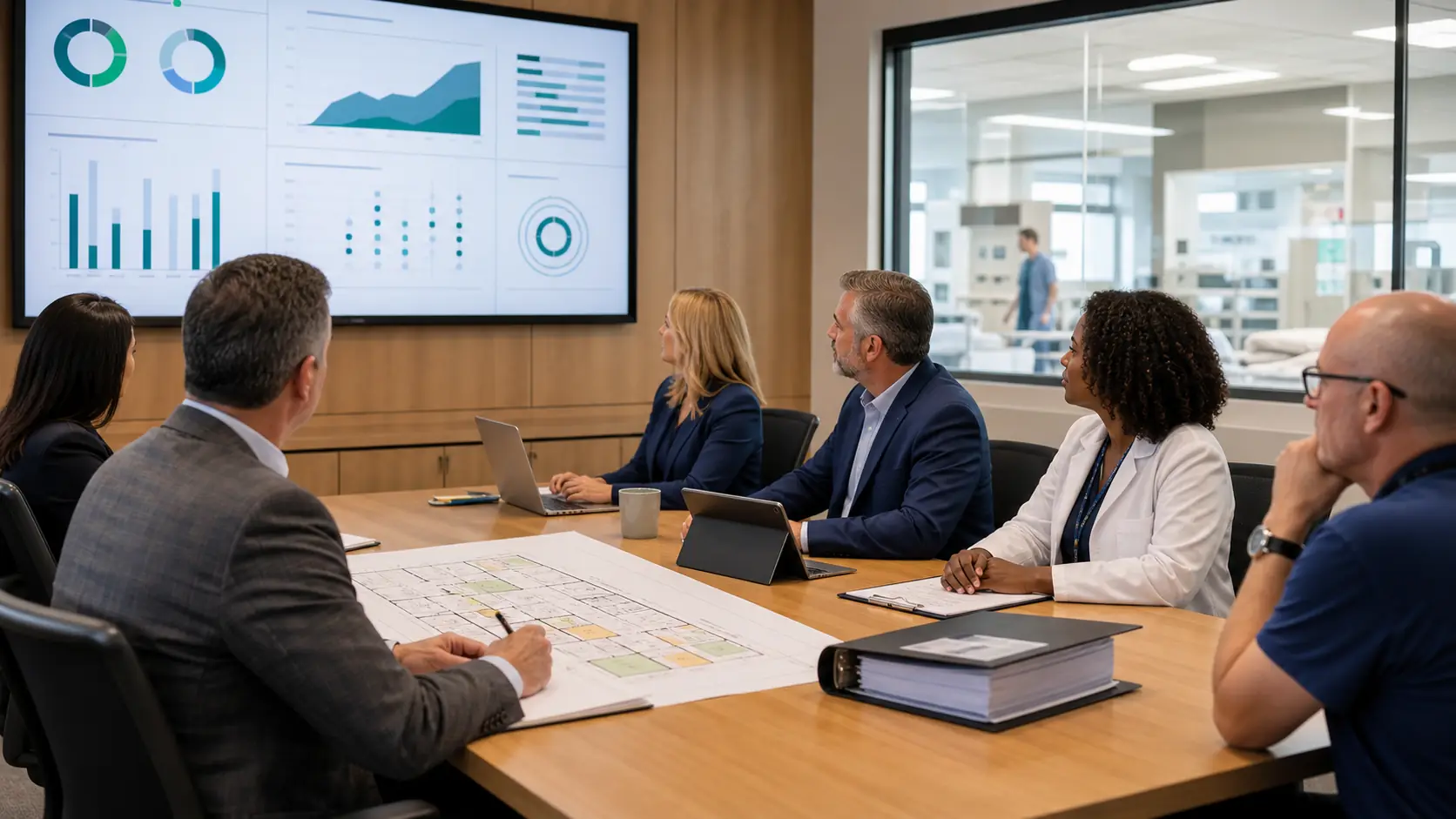 Hospital Environment of Care committee reviewing Life Safety metrics and floor plans