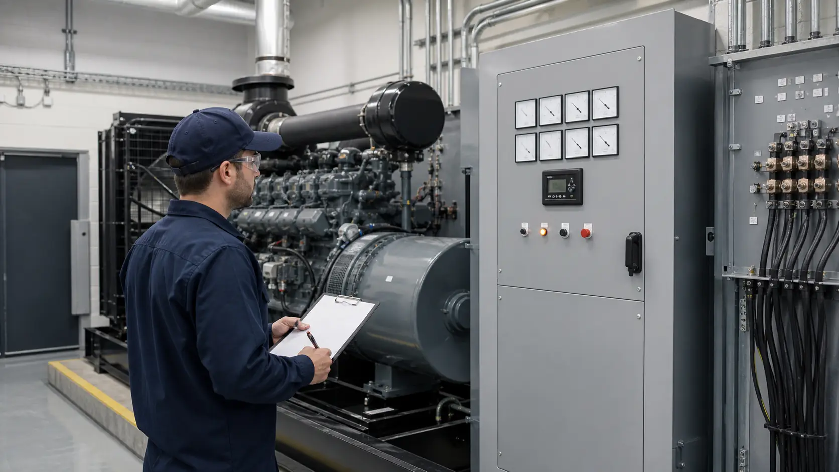 Hospital facilities technician documenting an emergency generator system test