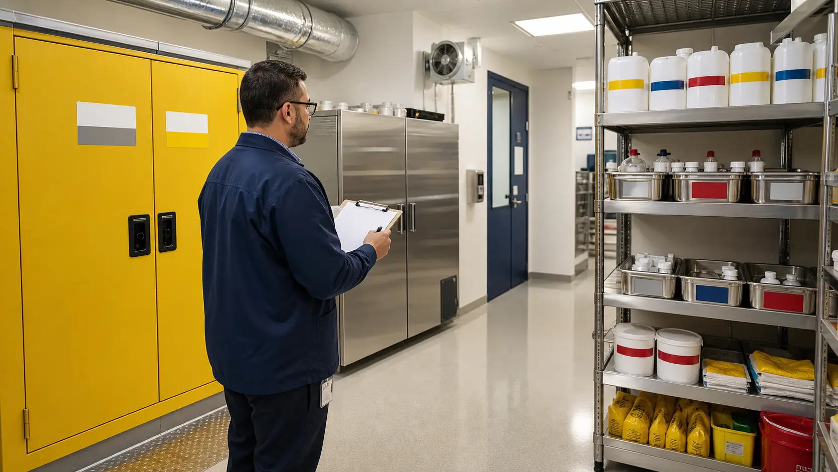 Inspector reviewing organized hazardous-material storage and safety cabinets in a healthcare facility