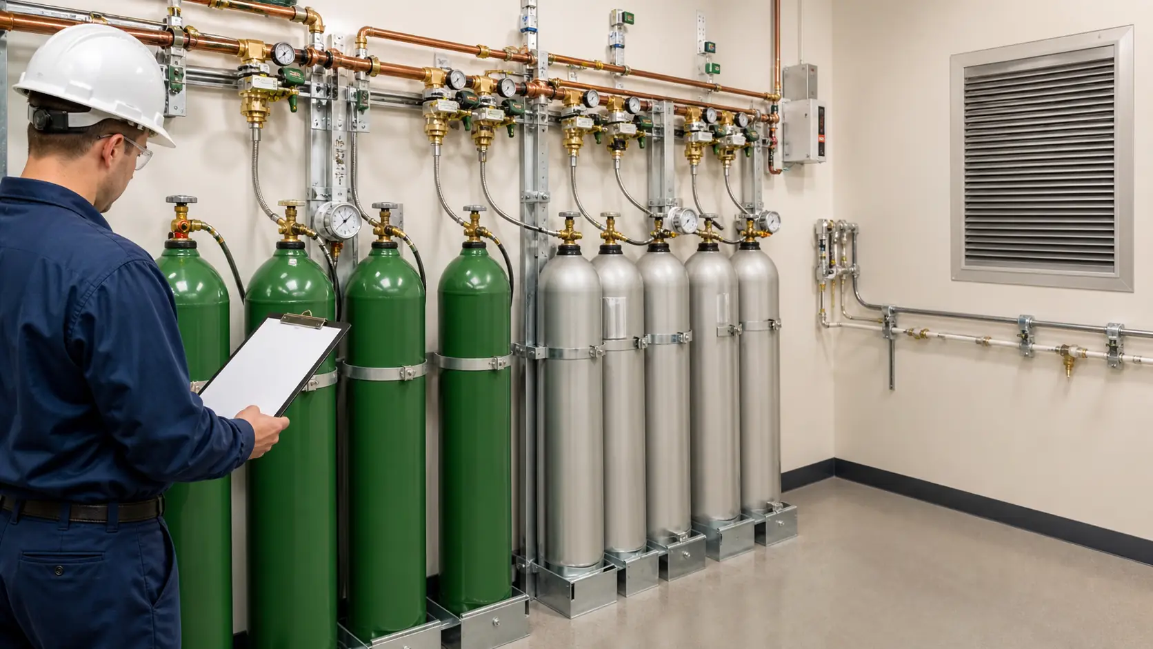 Inspector reviewing secured medical gas cylinders and manifold equipment in a hospital