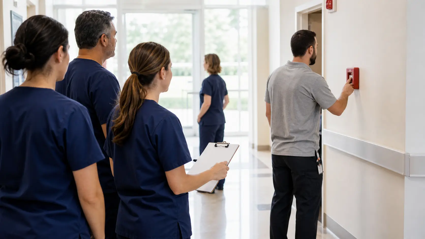 Healthcare staff documenting roles during a planned hospital fire drill