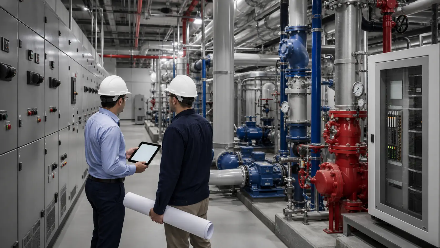 Hospital engineers reviewing coordinated utility and Life Safety infrastructure