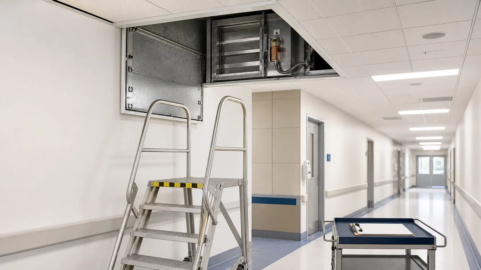 Clear service access from a hospital corridor to an exposed fire-smoke damper