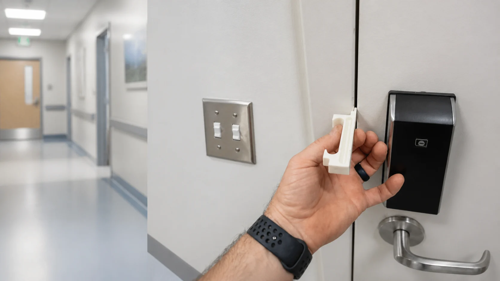 Inspector checking a healthcare fire-door clearance with a handheld gap gauge