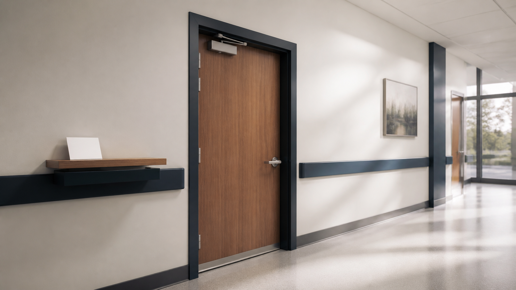 Precisely aligned rated wood door and steel frame in a modern hospital corridor