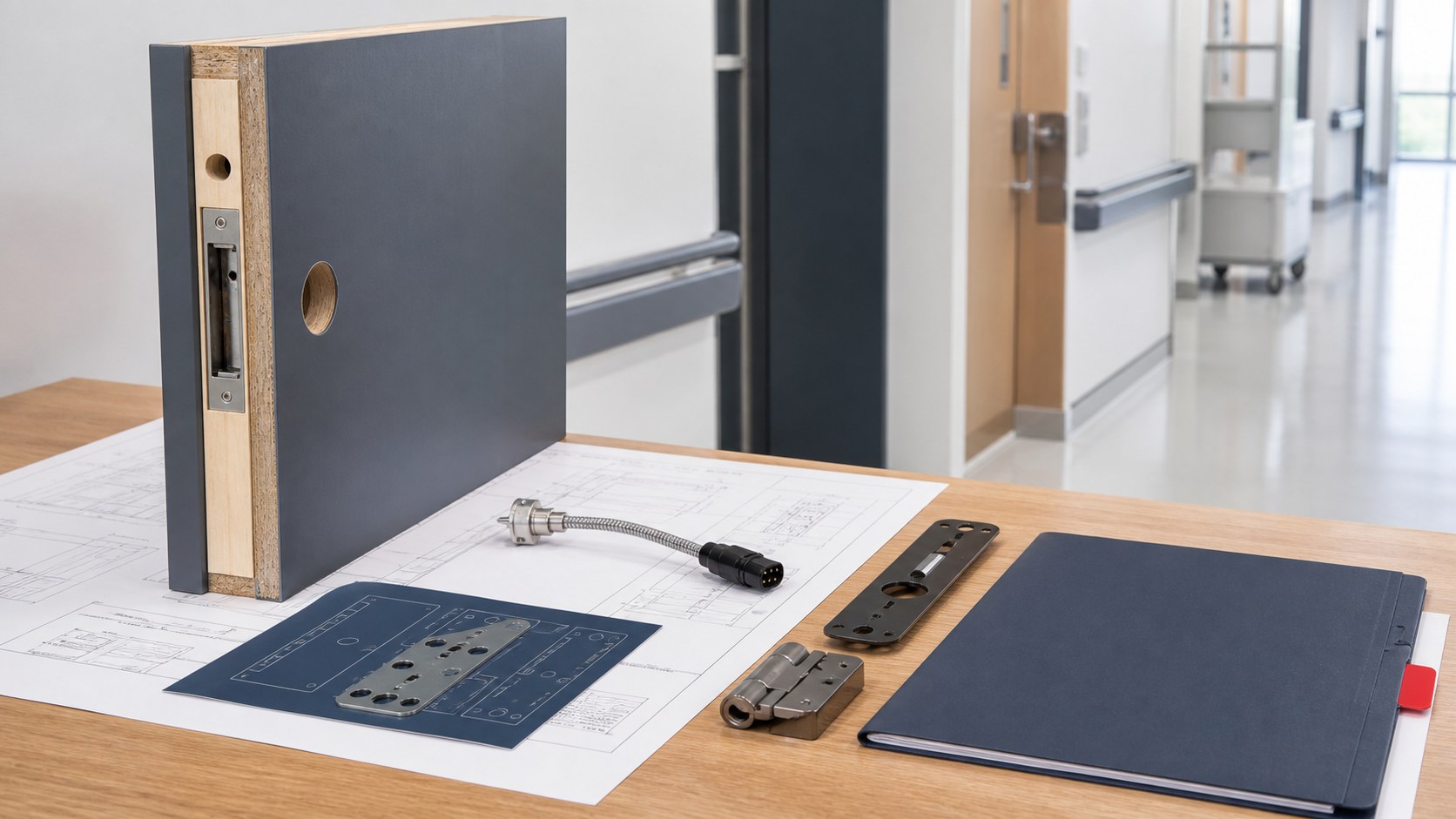 Rated door edge sample, approved hardware templates, and authorization documents before installation