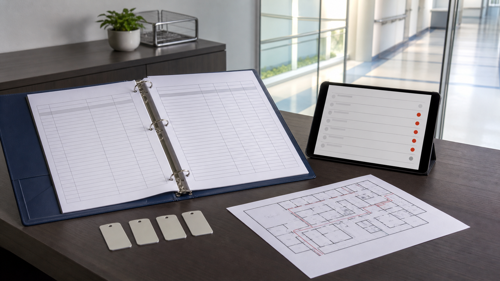 Controlled inspection binder, door status list, identification tags, and life safety floor plan