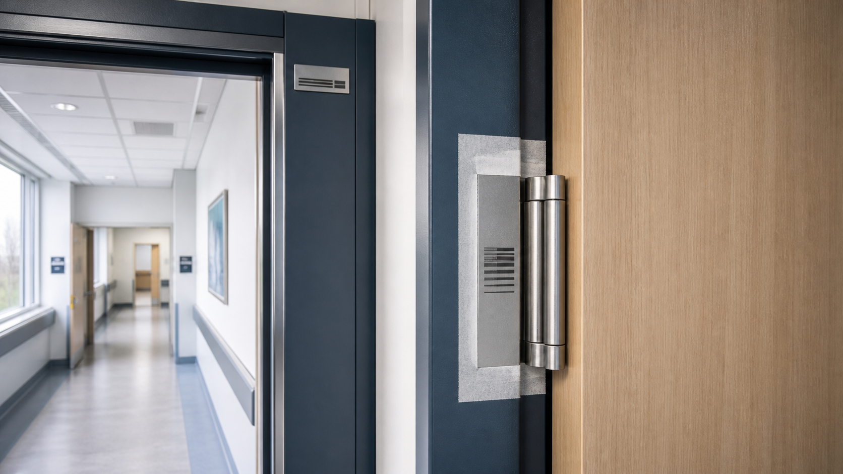 Protected certification labels on the hinge edge and frame of a hospital fire door
