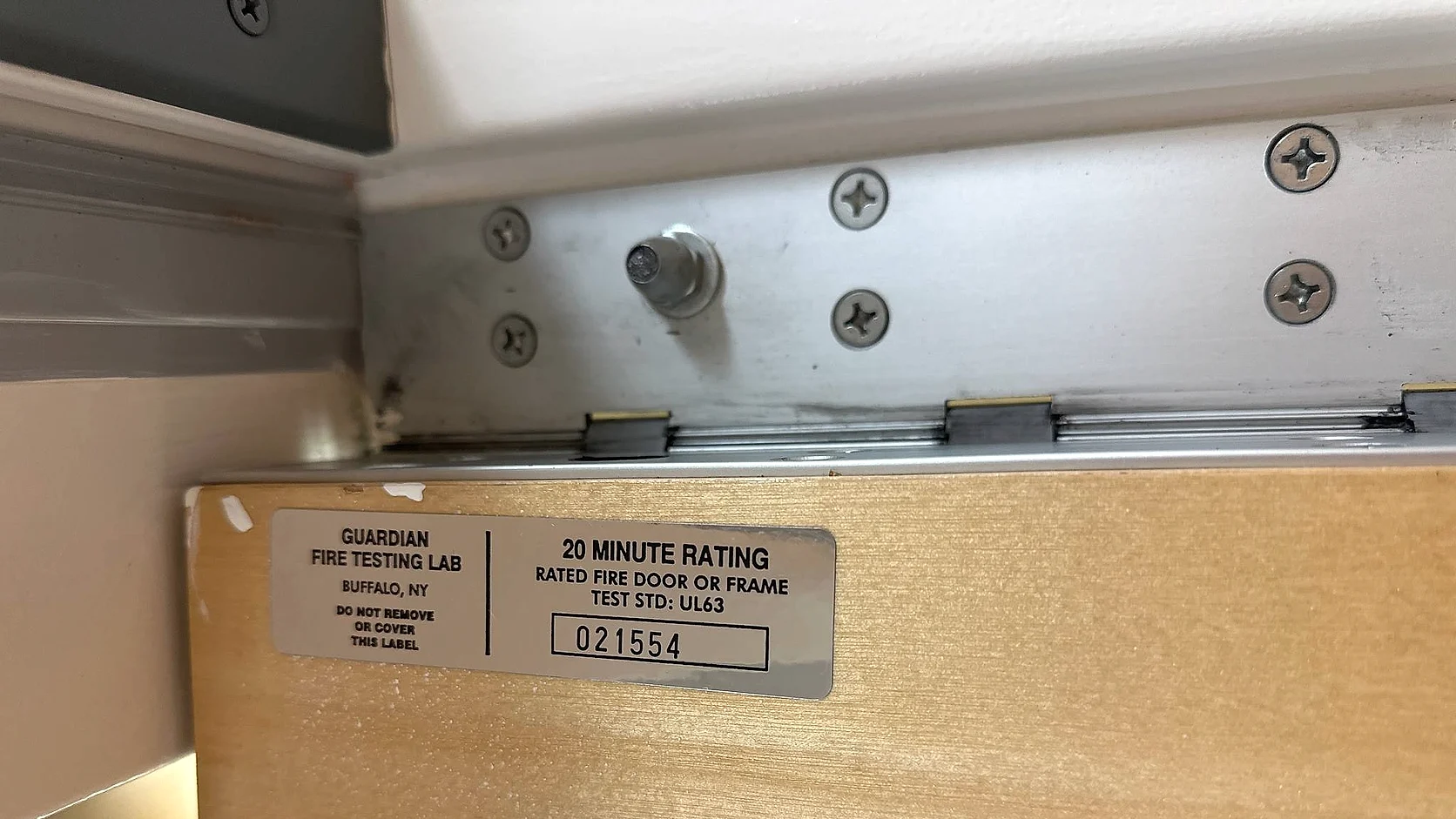 Twenty-minute fire-rating label on the top edge of a healthcare fire door