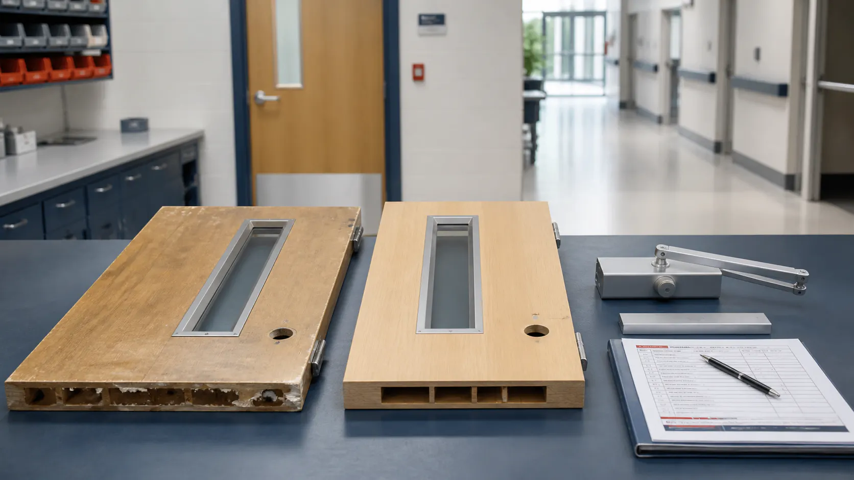 Existing and replacement fire-door samples arranged for a healthcare facilities review