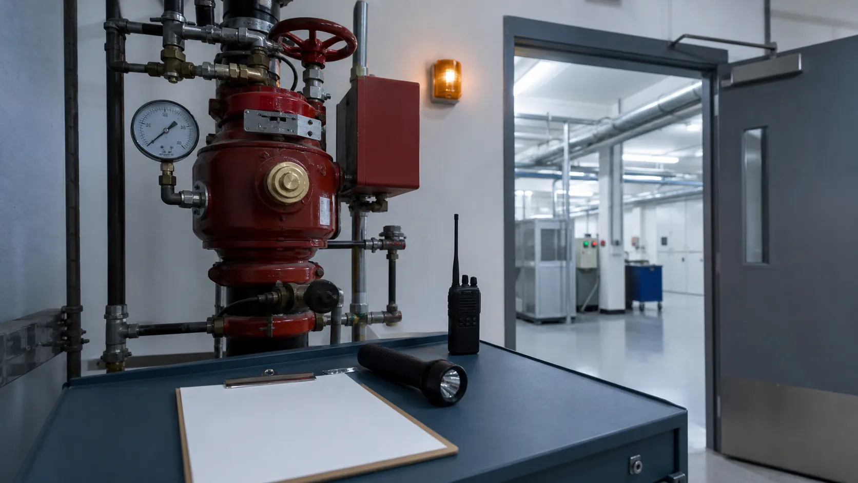 Hospital fire-protection equipment with a radio, flashlight, and blank fire-watch clipboard