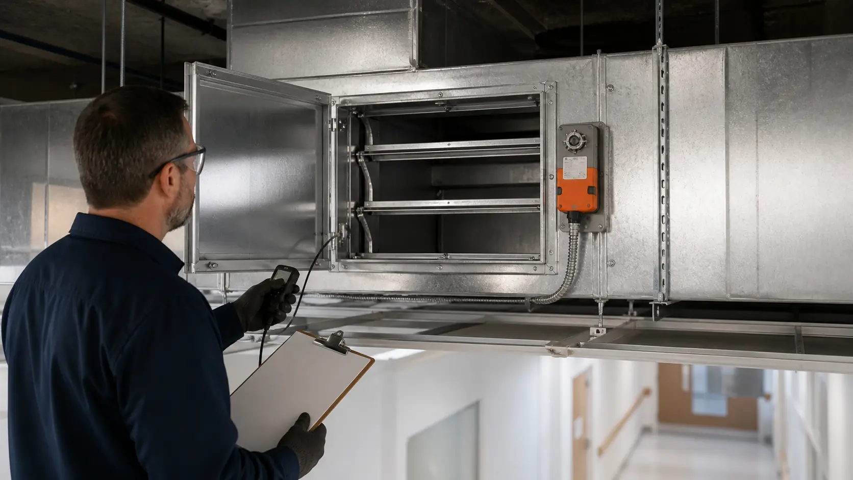 Technician inspecting an accessible fire-smoke damper and actuator above a hospital ceiling