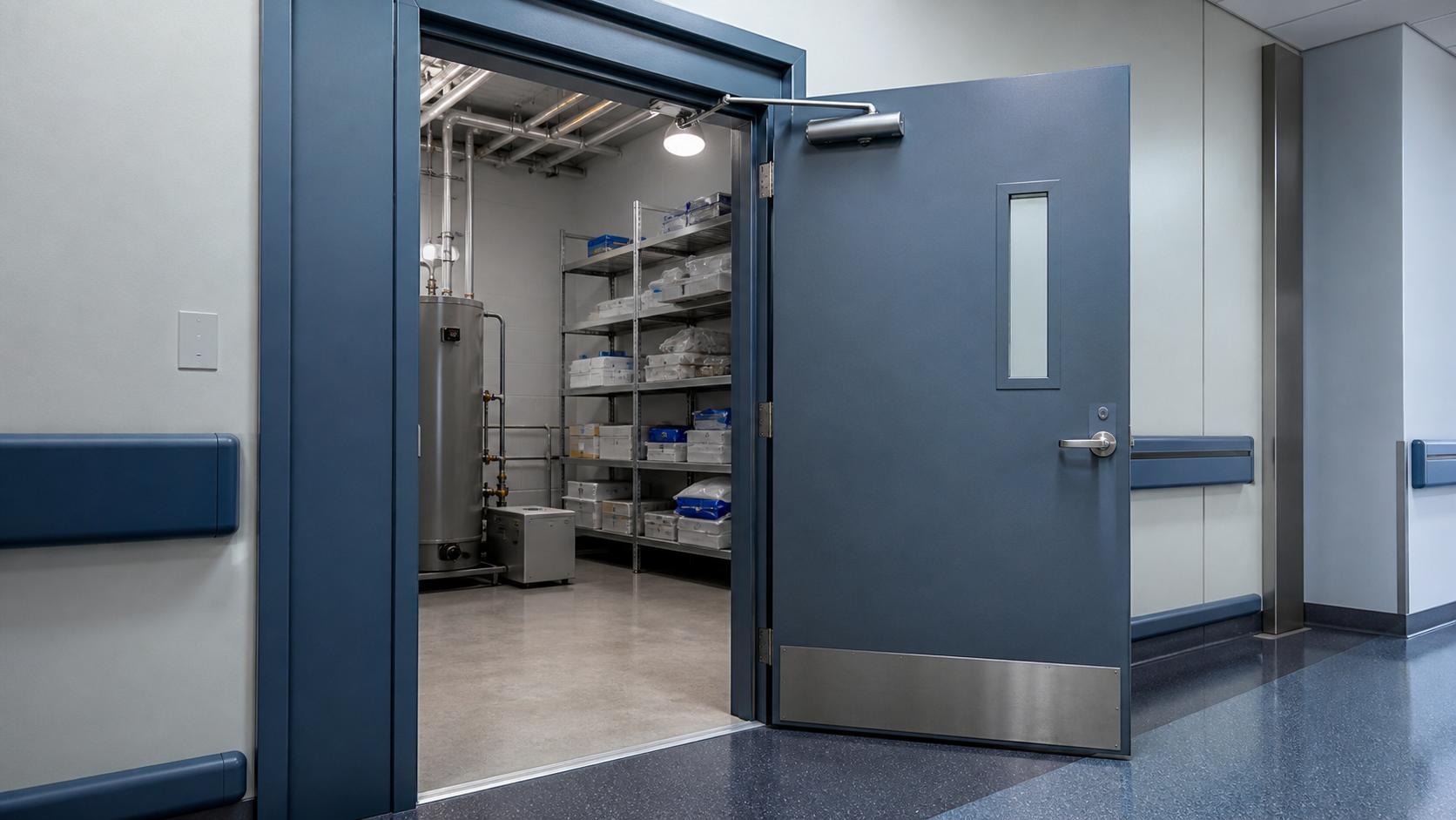 Self-closing hospital utility-room door and orderly protected storage enclosure