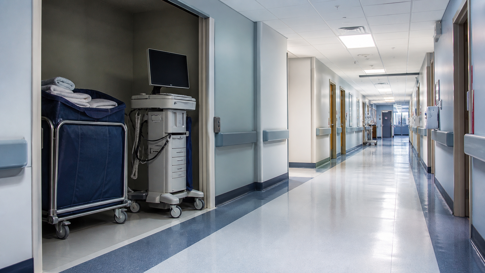 Hospital corridor kept clear with mobile equipment stored inside a recessed alcove