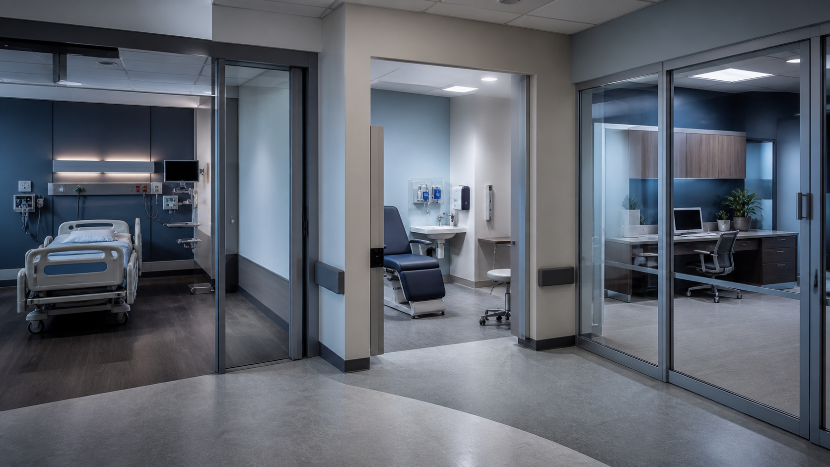 Distinct inpatient, ambulatory, and administrative spaces meeting within one healthcare facility