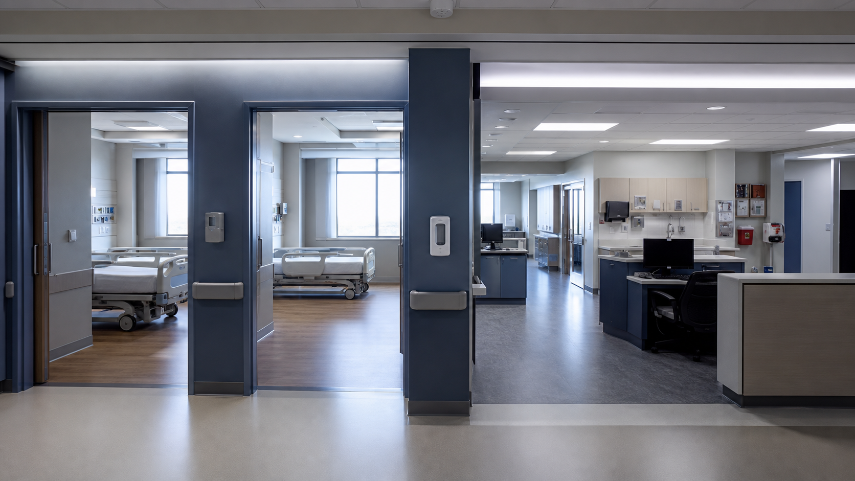 Healthcare suite threshold between empty sleeping rooms and a supervised clinical work area