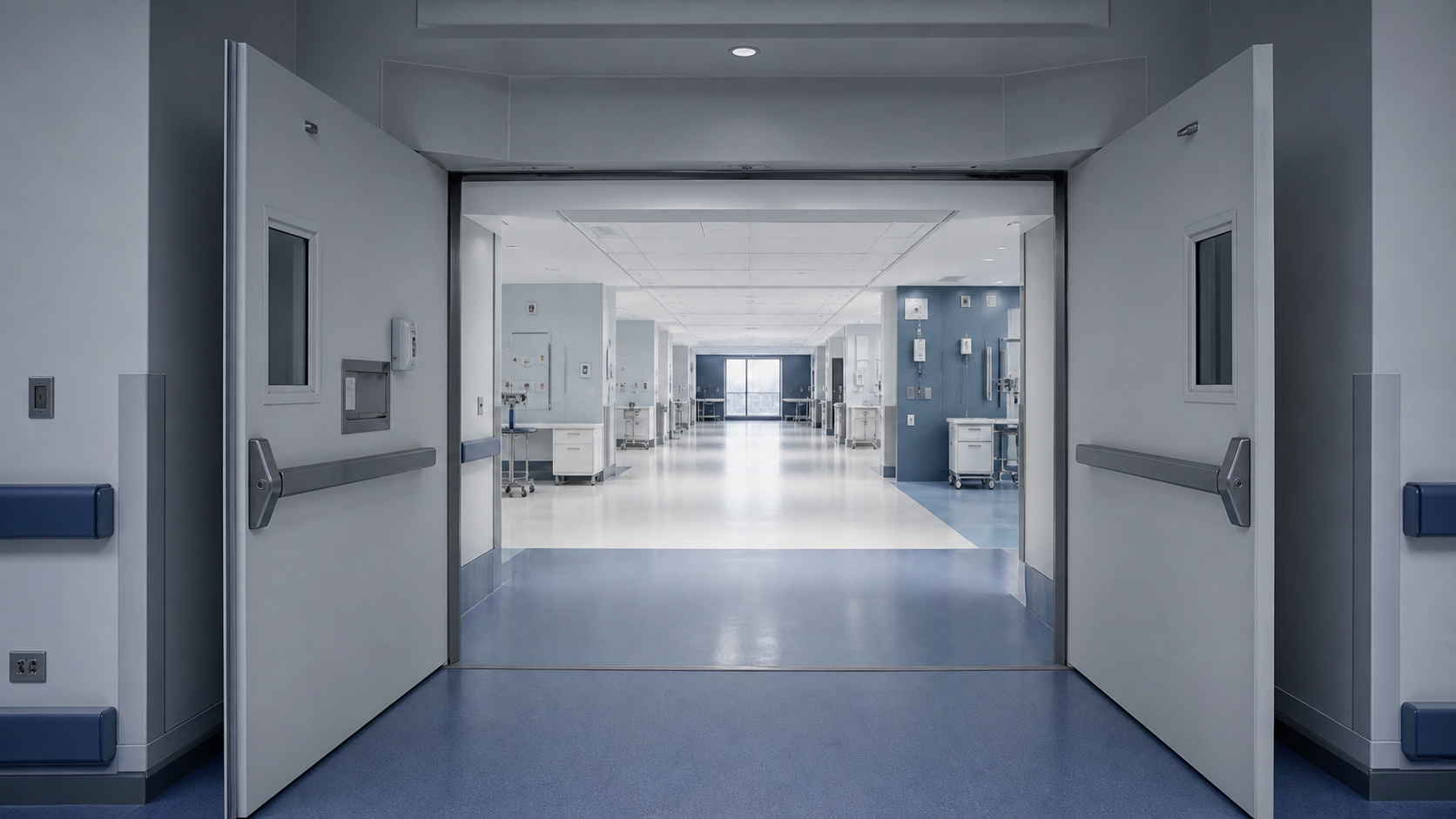 Paired hospital separation doors opening into a broad protected relocation zone