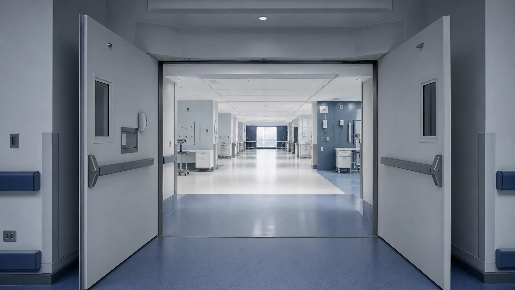 Paired hospital separation doors opening into a broad protected relocation zone