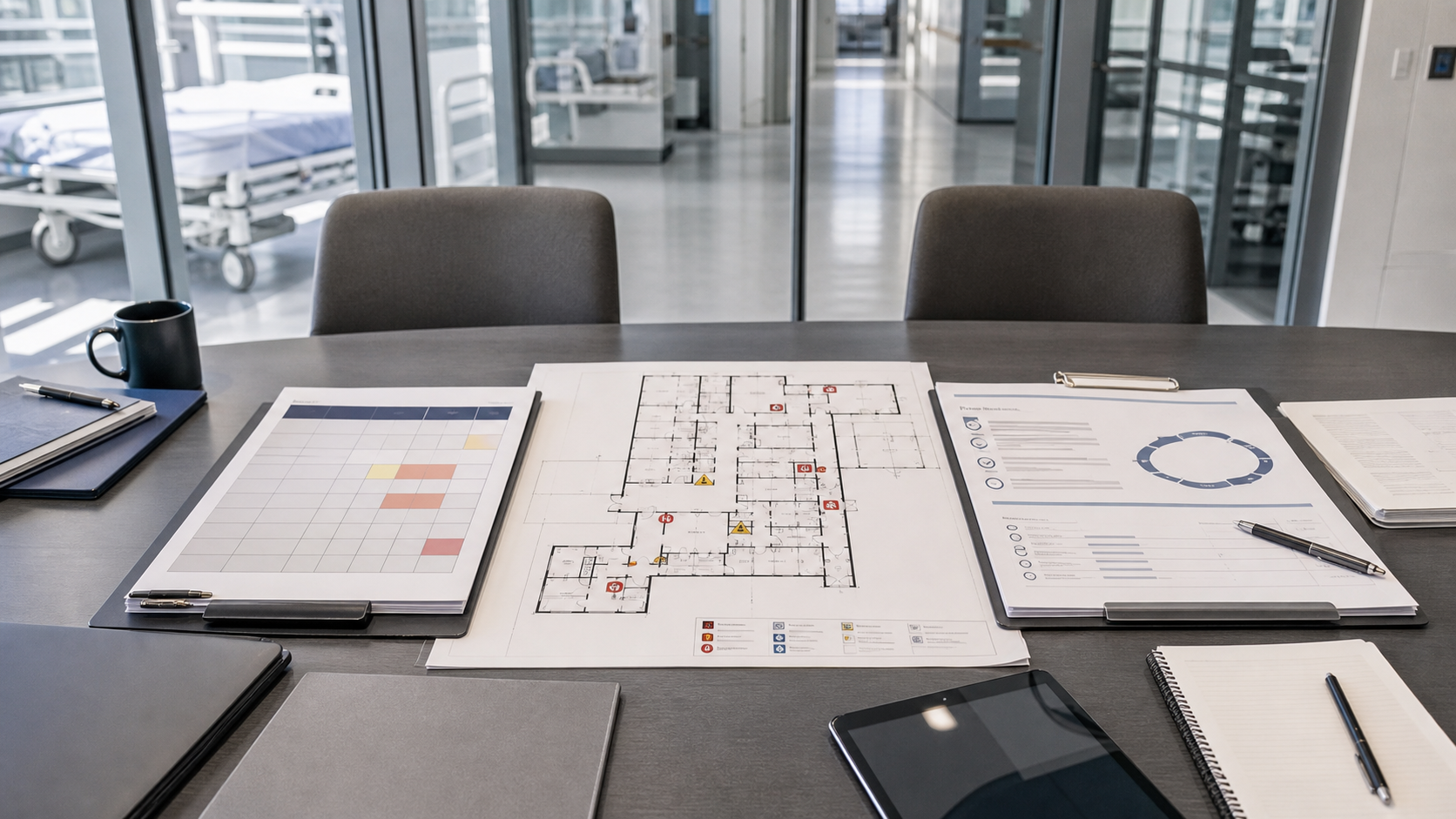 Risk matrix and quality-management review documents organized around one healthcare life safety plan