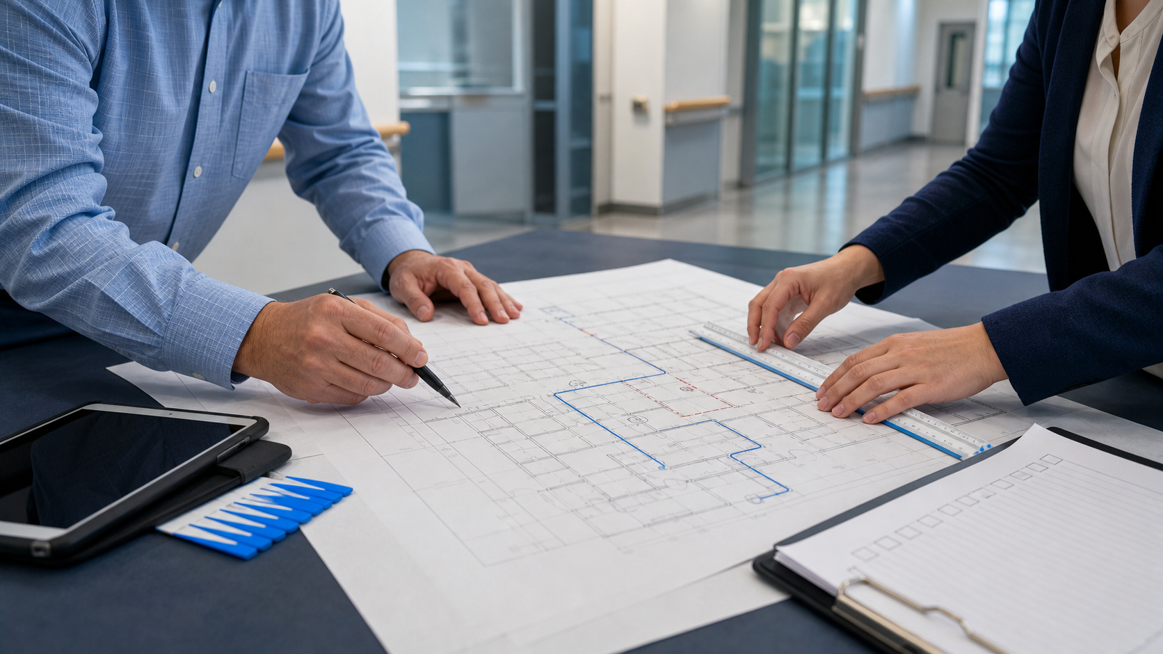 Healthcare facilities professionals auditing a controlled life safety drawing