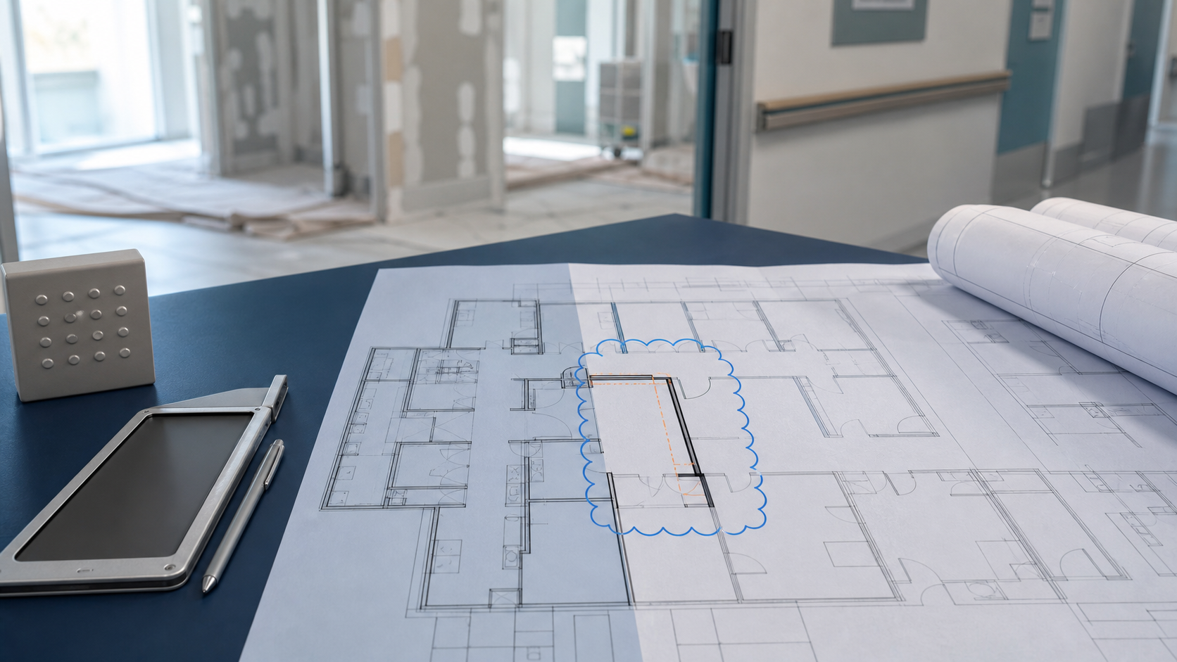 Revised healthcare floor plan beside an active hospital renovation area