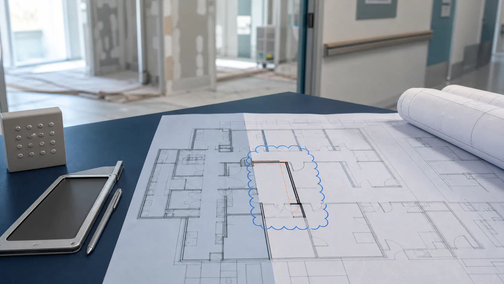 Revised healthcare floor plan beside an active hospital renovation area