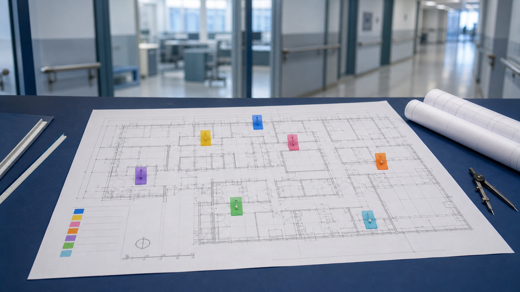 Healthcare life safety floor plan organized with seven distinct review markers