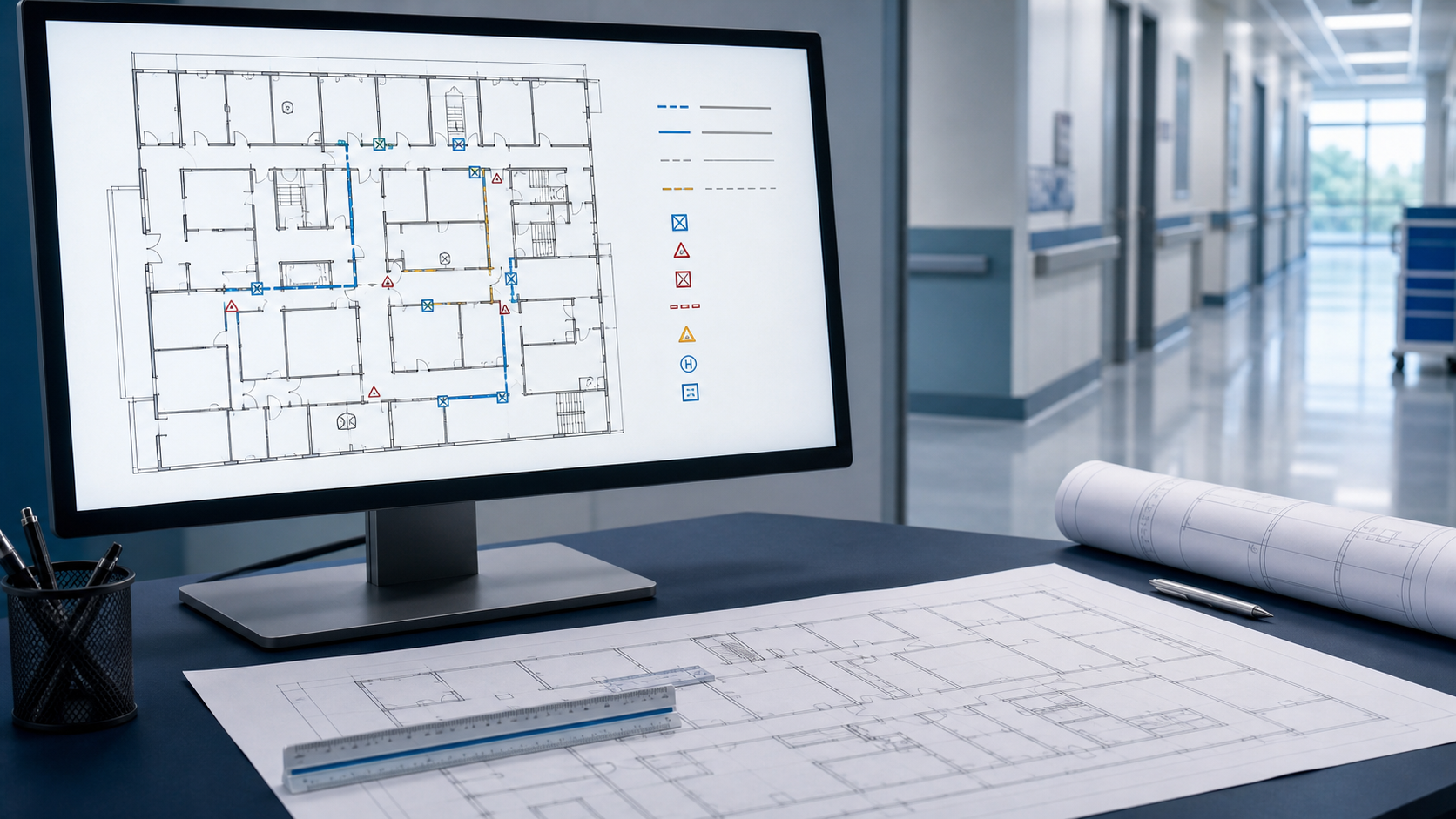 Hospital CAD workstation displaying a standardized life safety plan symbol legend