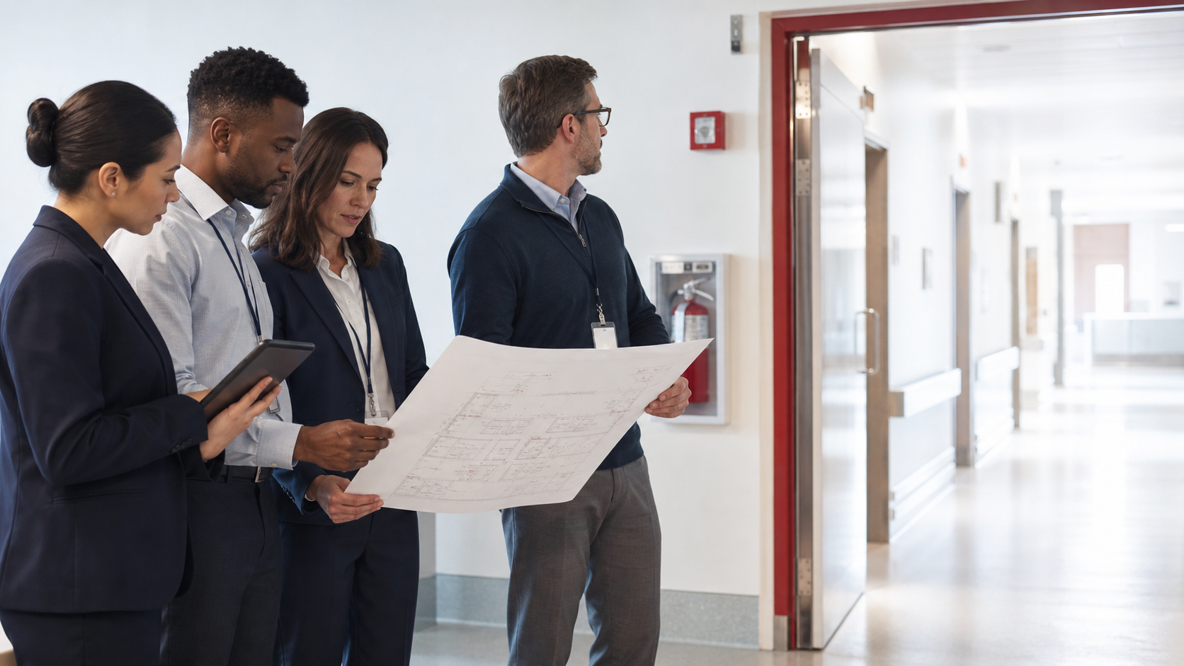 Healthcare survey escort team reviewing a life safety floor plan before entering a clinical corridor
