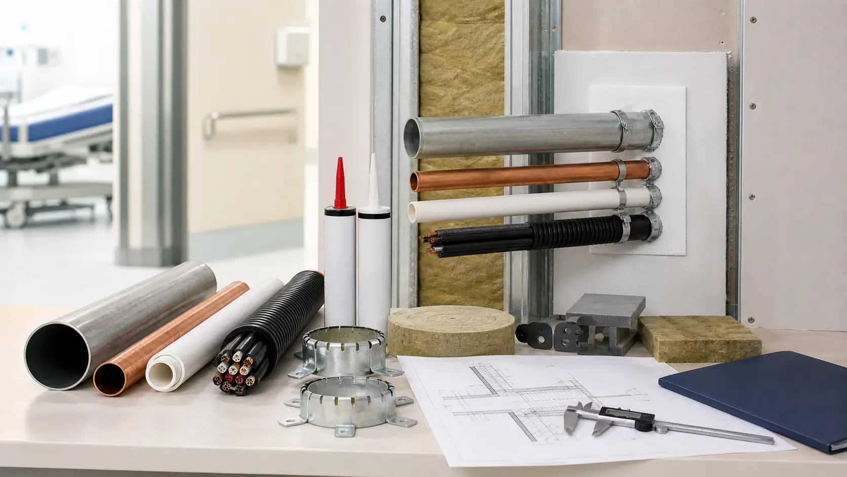 Firestop system components and penetration samples arranged for a healthcare facilities review