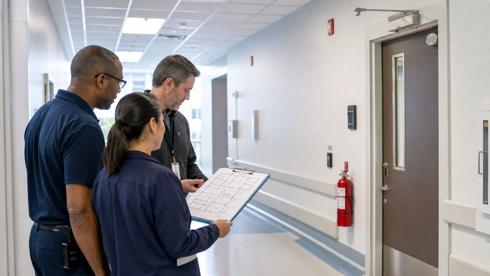 Healthcare facilities team comparing a life safety floor plan with corridor and door conditions