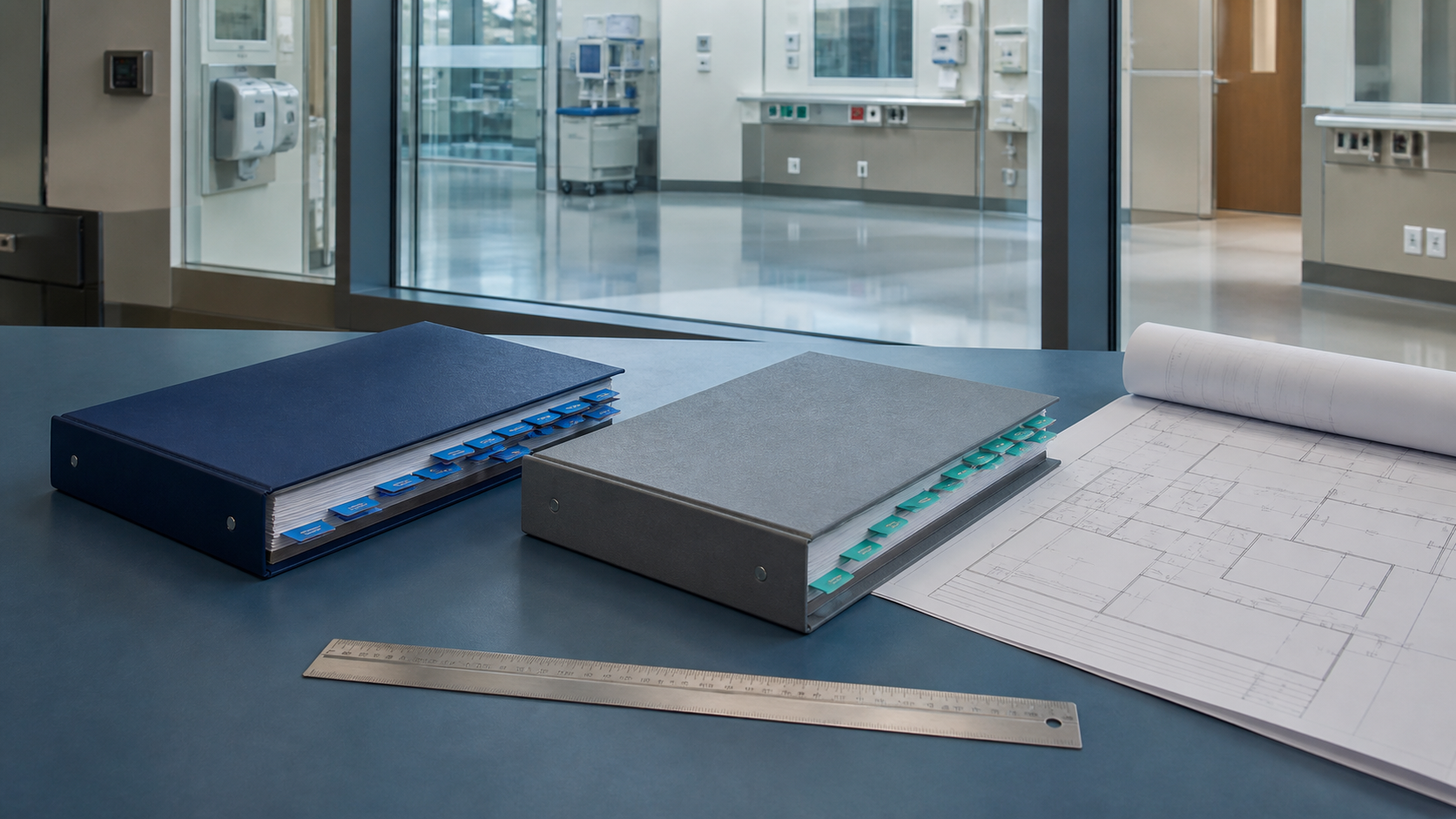 Two controlled code-review binders and a healthcare floor plan in a hospital facilities workspace
