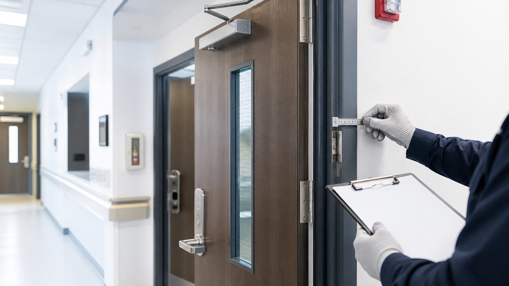 Inspector checking a rated hospital fire-door assembly with a blank checklist
