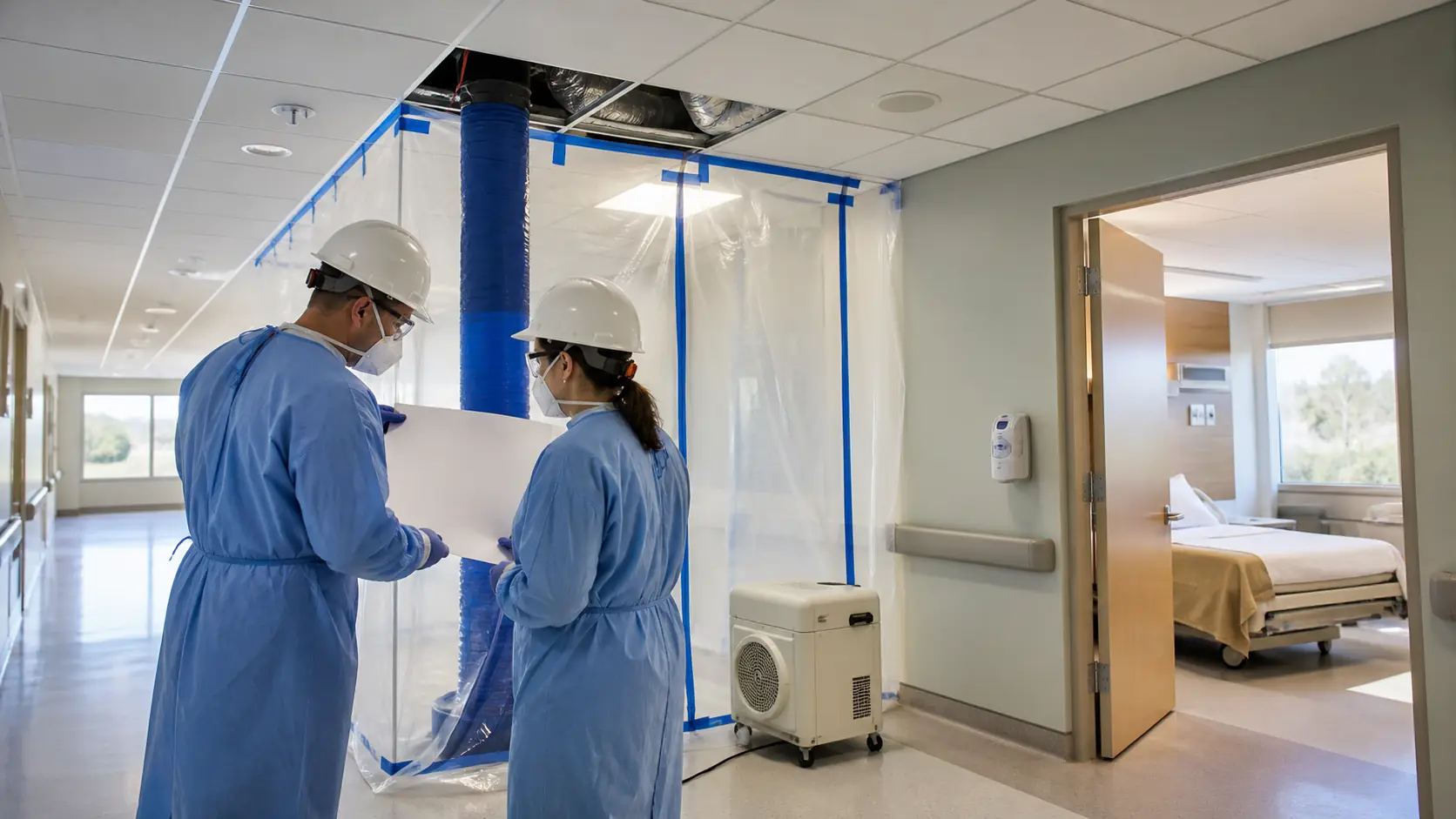 Healthcare staff coordinating a contained above-ceiling inspection outside a patient room