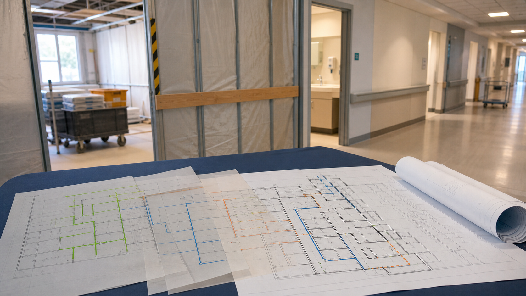 Layered phase plans reconciled beside a hospital renovation transition zone