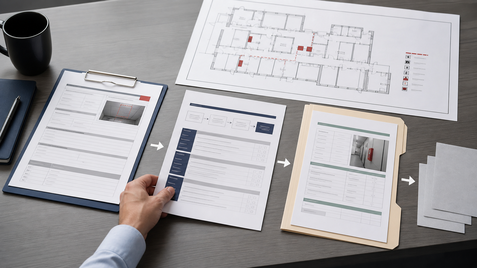 Survey finding, corrective-action workflow, completion evidence, and healthcare floor plan arranged for review