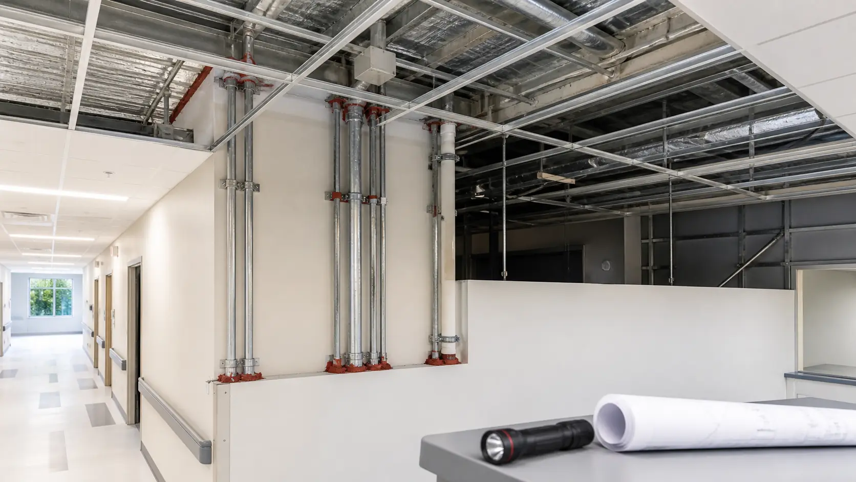 Full-height protected barrier and ordinary partition conditions above a hospital ceiling