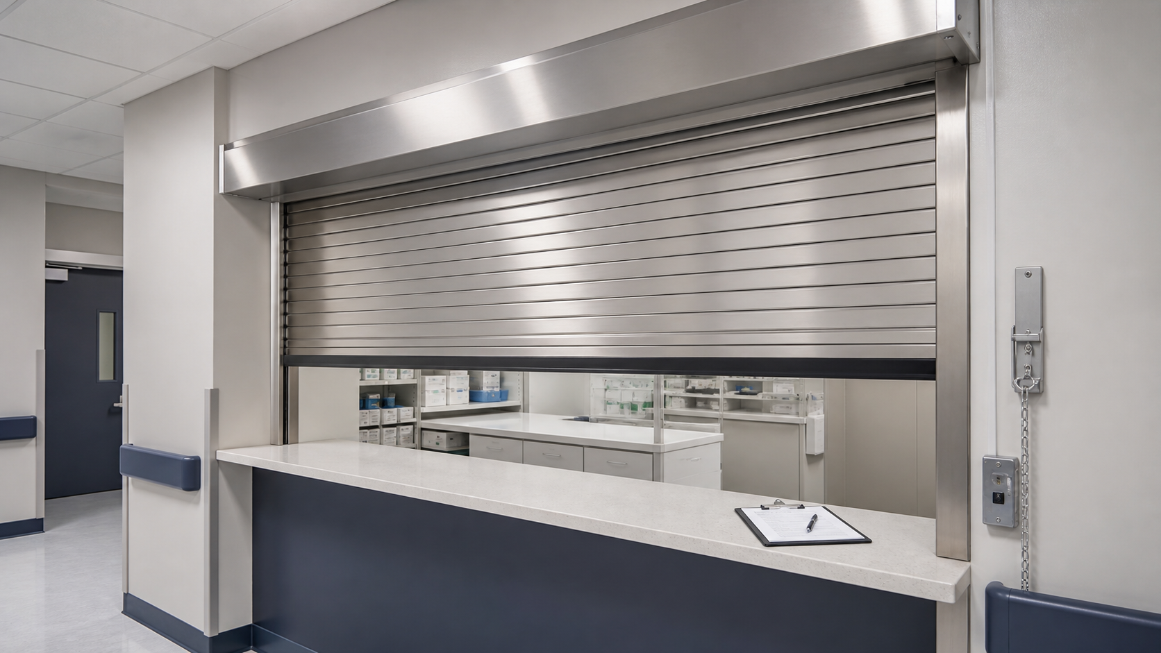 Rolling steel fire shutter partially lowered for a controlled healthcare facility inspection