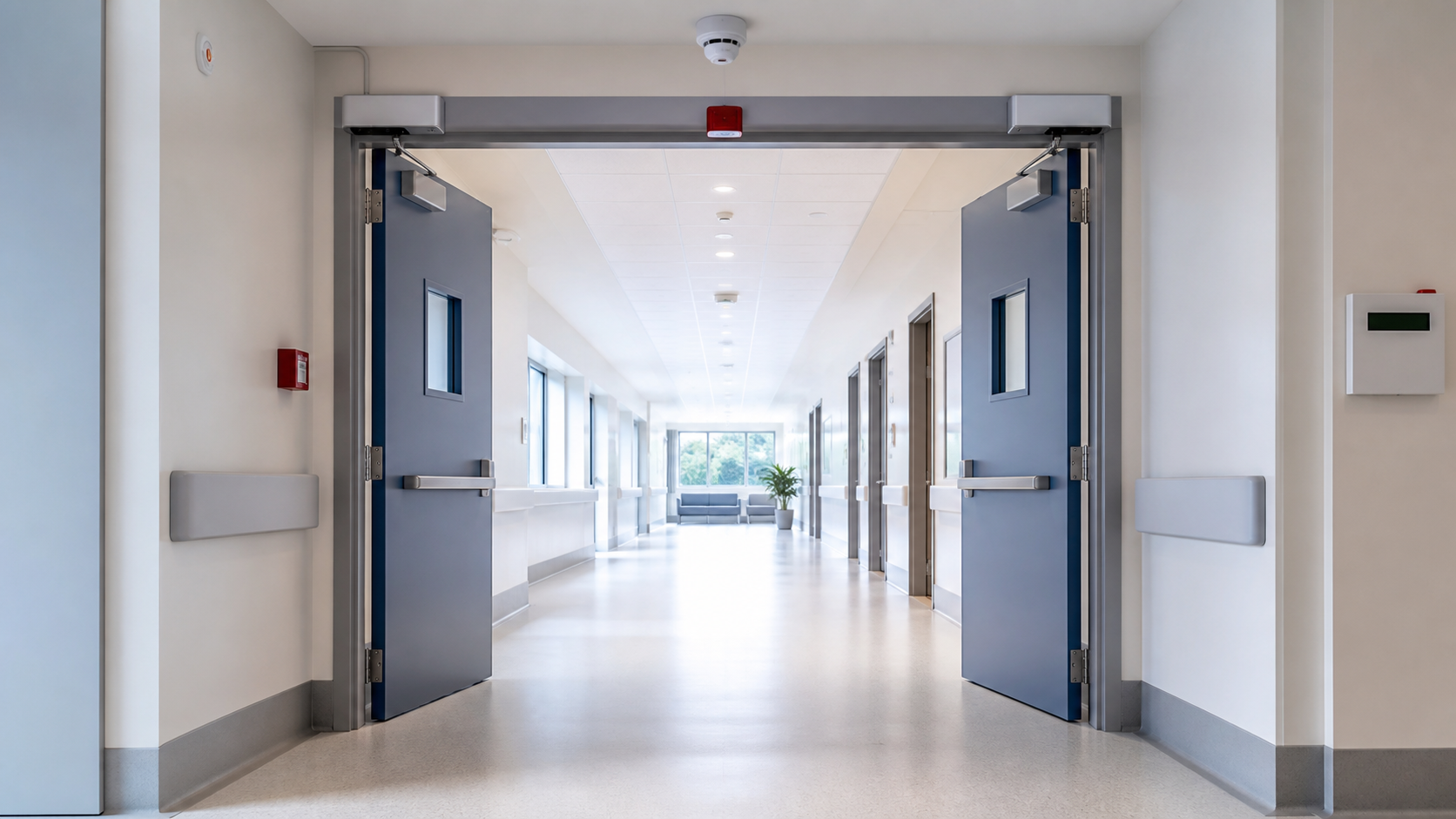 Hospital smoke-barrier door pair held open by automatic-release devices in a clear corridor
